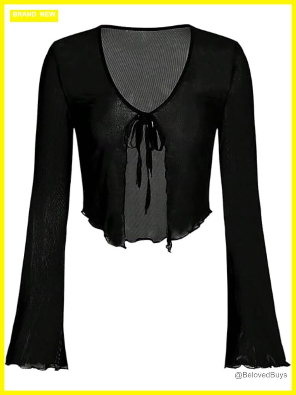 Tie Front Bell Sleeve Mesh Top V Neck Lettuce Trim Shirt